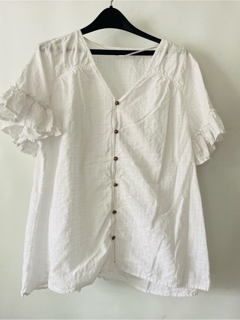 Terra & Sky White V-Neck Button Front Ruffle Sleeve Top Boho Cottagecore